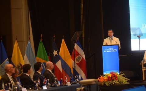 Inauguración. El presidente Daniel Noboa expuso la situación de Guayaquil y del país ante representantes de países de la región y de organismos internacionales.