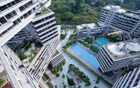 Bloques de apartamentos entrelazados The Interlace, de OMA/Ole Scheeren, vista aérea parcial.