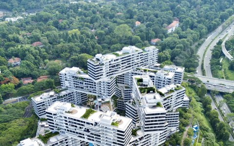 Esquema de la distribución y entrelazamiento de los bloques de 'The Interlace', de OMA/Ole Scheeren.