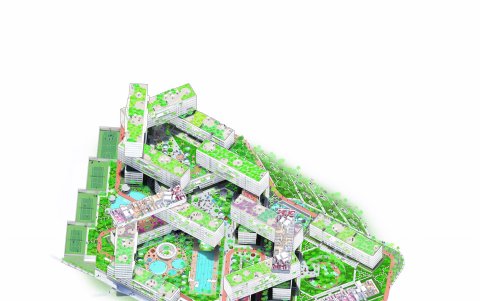 Proyección gráfica en la distribución y entrelazamiento de los bloques de 'The Interlace', de OMA/Ole Scheeren.