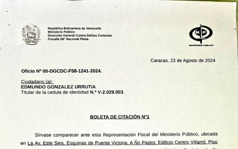 Boleta de citación dirigida al abanderado de la mayor coalición opositora de Venezuela, Edmundo González Urrutia, por parte del Ministerio Público, en Caracas.