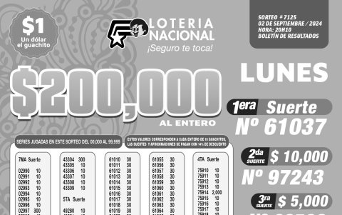 BOLETIN LOTERIA 7125 + SUPER TOMBOLA - LUNES 2 DE SEPTIEMBRE 2024