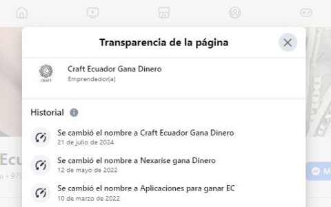 Informaión de transparencia de fan page de Craft Ecuador Gana Dinero.