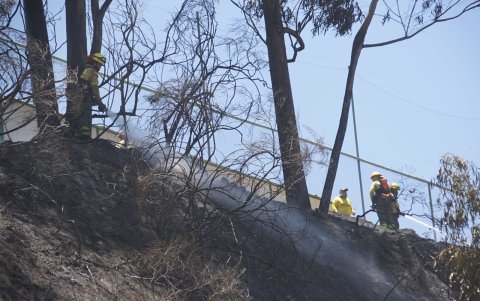Los Bomberos se desplegaron a lo largo del talud para rociar agua y apagar el incendio.