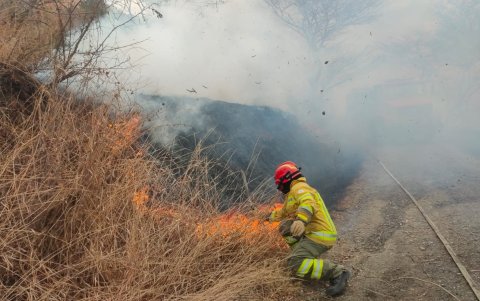 Personal del Cuerpo de Bomberos de Loja trabaja para controlar el incendio forestal en Vilcabamba.