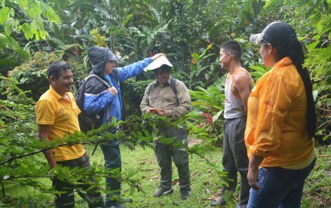 Ramón Pucha (izq de amarillo) refiere como llegan aves de diferentes especies una vez que empezó a reforestar parte de la montaña en Alto Ila.