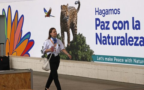 Una mujer camina en el Centro de Eventos este sábado 19 de octubre en Cali. La ciudad colombiana levantará este domingo el telón de la cumbre COP16.