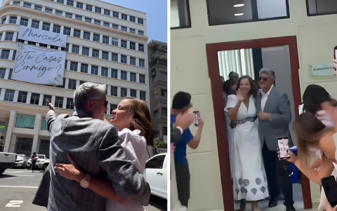 Marcela Aguiñaga y Mauricio Guim en capturas de los videos compartidos sobre su compromiso.