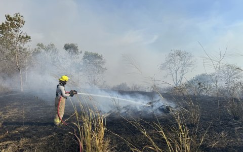 Un bombero realiza tareas de sofocación de las llamas en el recinto San Andrés, en el kilómetro 47 de la vía a la costa.