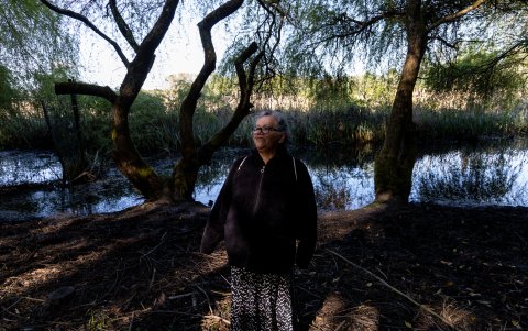 Fotografía de Rosa Sánchez posando en el humedal Angachilla, en la ciudad de Valdivia, región de Los Ríos (Chile).