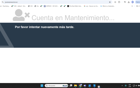La página de Jóvenes en Acción aparece en mantenimiento.