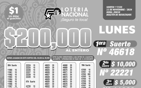 BOLETIN LOTERIA 7155 + SUPER TOMBOLA - LUNES 11 DE NOVIEMBRE 2024