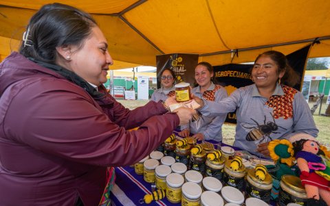 Una mujer en una feria rural compra miel producida por miembros de la asociación de apicultores Hojuelas de Miel, en Cajamarca, el 23 de julio de 2024.