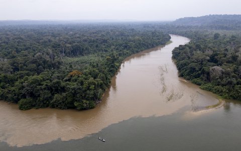 El río Tropas, supuestamente contaminado por actividades mineras en la región, desembocando en el río Tapajós en la Tierra Indígena Mundurukú.