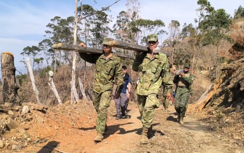 Voluntarios y autoridades trabajan juntos en la reforestación de la reserva ecológica Loma Delgada, en Quilanga.