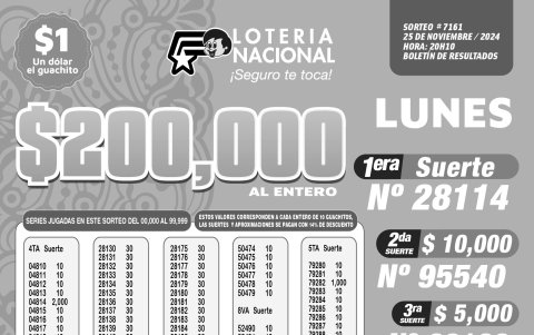 BOLETIN LOTERIA 7161 + SUPER TOMBOLA -LUNES 25 DE NOVIEMBRE 2024
