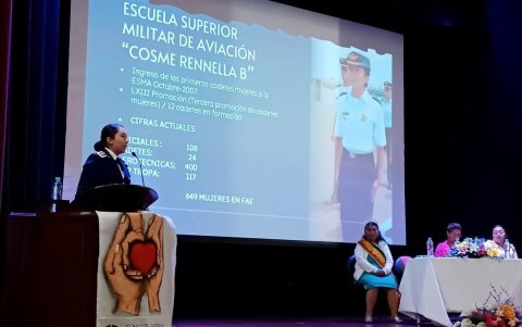 Figura. El 4 de marzo del 2024, la capitana Diana Ruiz Solís fue invitada al foro Mujeres que Inspiran, que organizó el Municipio de Píllaro.