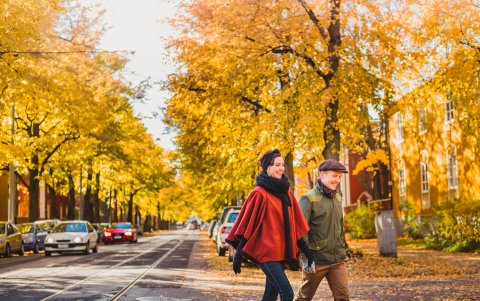 Una pareja paseando por en un parque de Helsinki.