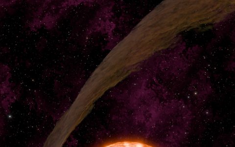 Representación artística del sistema que muestra la estrella anfitriona, el planeta en tránsito, el disco de transición desalineado y la compañera binaria ancha (al fondo). Crédito: NASA/JPL-Caltech/R. Hurt, K. Miller (Caltech/IPAC)