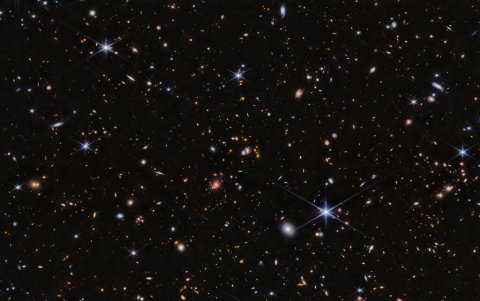 Imagen del protocúmulo Telaraña visto por la NIRCam (Near-InfraRed Camera) de Webb. Cientos de galaxias aparecen en esta vista, que se sitúa sobre el fondo negro del espacio.  Crédito: