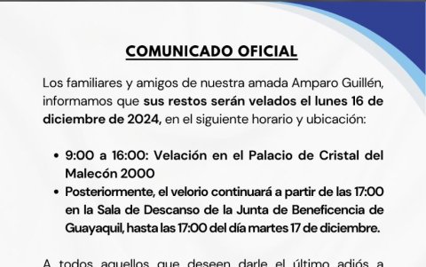 Comunicado sobre velorio de Amparo Guillén.