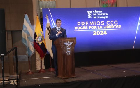 Miguel Ángel González, presidente de la Cámara de Comercio de Guayaquil, durante su intervención.