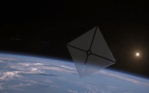 Recreación artística que muestra la nave espacial Advanced Composite Solar Sail System navegando en el espacio, para lo que utiliza la energía del Sol.