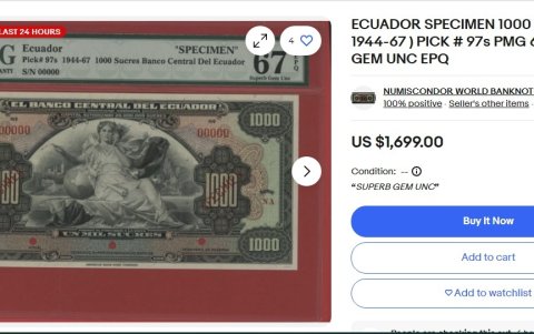 Una oferta en eBay de un billete de 1.000 sucres que cuesta más de 1.600 dólares.