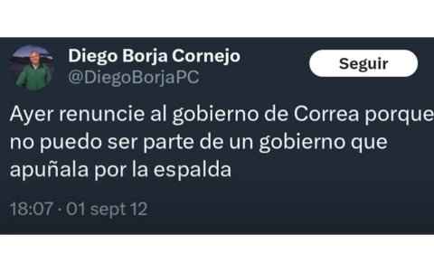 Tweet de Diego Borja cuando anuncia su divorcio con Alianza País. En 2024, ya como candidato por la RC, borró la publicación.