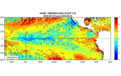 Imagen donde se observa la anomalía de temperatura superficial del mar. Temperaturas frías en el Pacífico Central (tonos azules) y anomalías cálidas en el Pacífico Oriental (tonos amarillos y rojos).