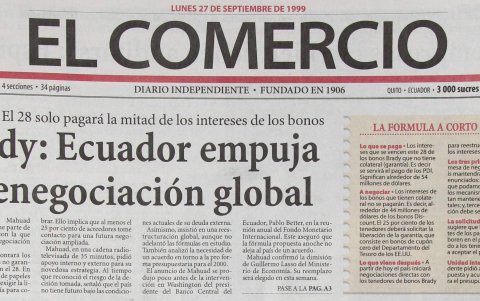 Portada del Diario El Comercio, en el que se hablaba de la renegociación a través del plan Brady.