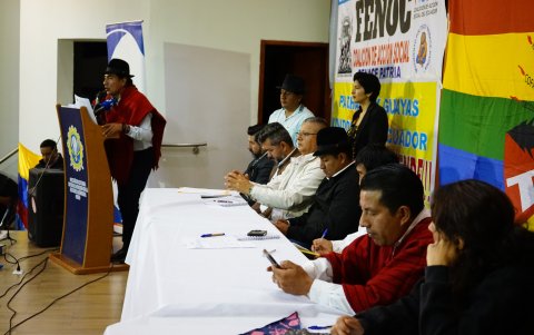 Leonidas Iza durante su intervención en la Asamblea Plurinacional de las Organizaciones Sociales.