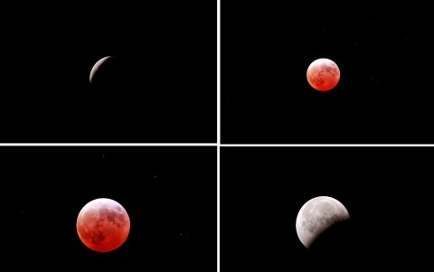 Un collage de fotos del eclipse lunar desde México.