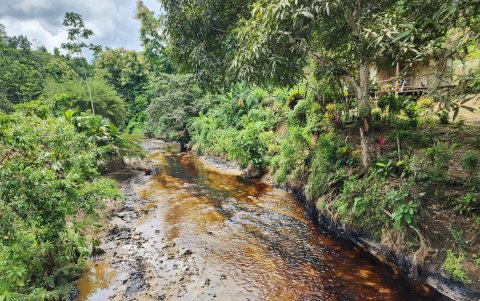 El color café del río Esmeraldas pasó a tener una apariencia bicolor tras el derrame de hidrocarburo.