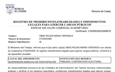 Este es el registro del impedimento de Verónica Abad en el Ministerio del Trabajo.