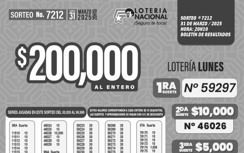 BOLETIN LOTERIA 7212 +  SUPER TOMBOLA LUNES 31 DE MARZO 2025