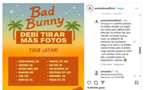 Posteo de la cuenta @eventoslimaofficial sobre el supuesto concierto de Bad Bunny.