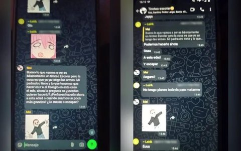 Fragmento de los inquietantes mensajes enviados por estudiantes en un grupo de WhatsApp, detallando el plan de un tiroteo escolar