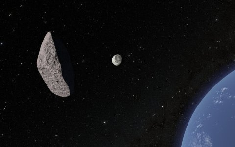Imagen fija de una animación que muestra al asteroide 2024 YR4 mientras pasa por la Tierra en dirección a su posible impacto con la Luna.