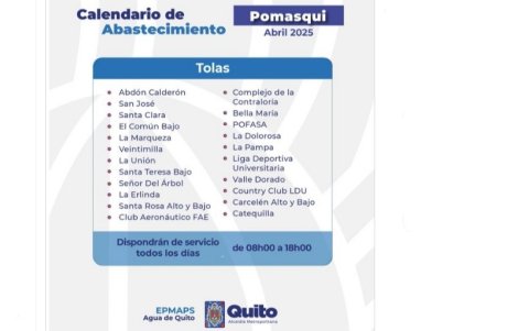 Barrios de Quito que tendrán agua de 08:00 a 18:00.