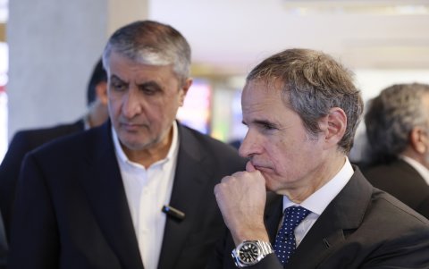 Una foto proporcionada por la Oficina de la Organización de Energía Atómica de Irán (AEOI) muestra al Director General de la Agencia Internacional de Energía Atómica (AIEA), Rafael Grossi (D)