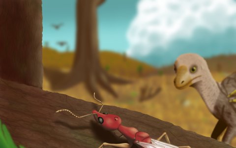 Reconstrucción paleoartística de la nueva especie, basada en el fósil y en una especie pariente cercana hallada en ámbar de Myanmar.