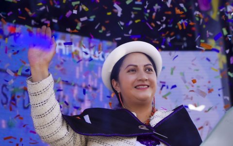 La alcaldesa de Ambato, Diana Caiza, durante la rendición de cuentas de su primer año de gestión.