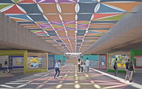 Diseño del proyecto en el que se muestra una exposición pictórica debajo del viaducto de la Alborada.