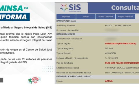 Imágenes tomadas de la cuenta en X del Ministerio de Salud de Perú @Minsa_Peru que muestra la afiliación de Robert Francis Prevost al sistema de Seguro Integral de Salud (SIS).