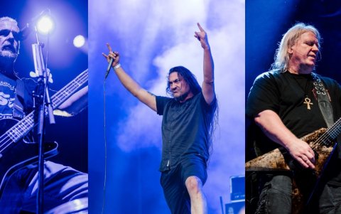 De izquierda a derecha, Jeff Walker (Carcass, de Reino Unido), Luis Toro (Boa, de Chile) y Karl Sanders (Nile, de EE.UU.) descargaron su música en el Metal Fest 2025 de Chile.