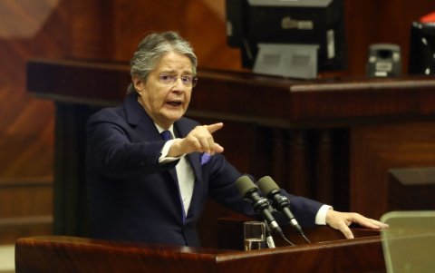 Guillermo Lasso durante su discurso de defensa ante el juicio político que llevó en su contra la Asamblea Nacional, en mayo de 2023.