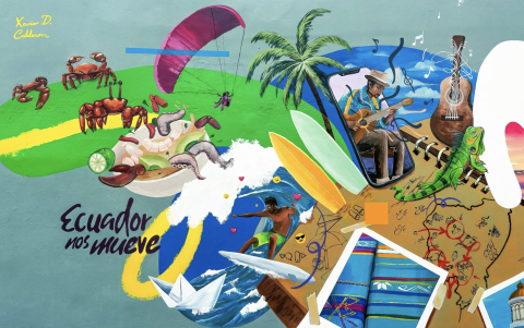 El muralista quiteño Xavier Calderón, cuyas obras han sido expuestas a nivel internacional, tuvo el desafío de resumir todo el viaje en un mural ubicado en la calle Panamá, en Guayaquil.
