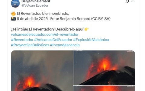 Imágenes de la erupción del volcán Reventador del 8 de abril de 2025.