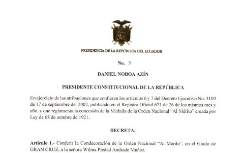 Decreto Ejecutivo No. 5, emitido el 26 de mayo de 2025, que concede la Orden Nacional al Mérito a Wilma Andrade
